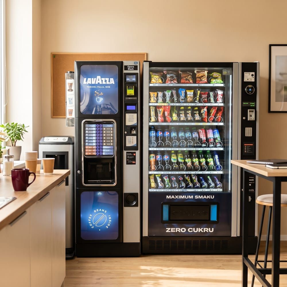 Automat kawowy Lavazza i automat z napojami i przekąskami w biurze