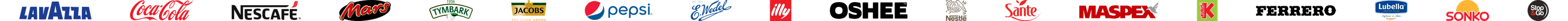 Lavazza, Coca-Cola, Nescafé, Mars, Tymbark, Jacobs, Pepsi, E. Wedel, illy, Oshee, Nestlé, Sante, Maspex, Kubuś, Ferrero, Lubella, Sonko, Stop&Go